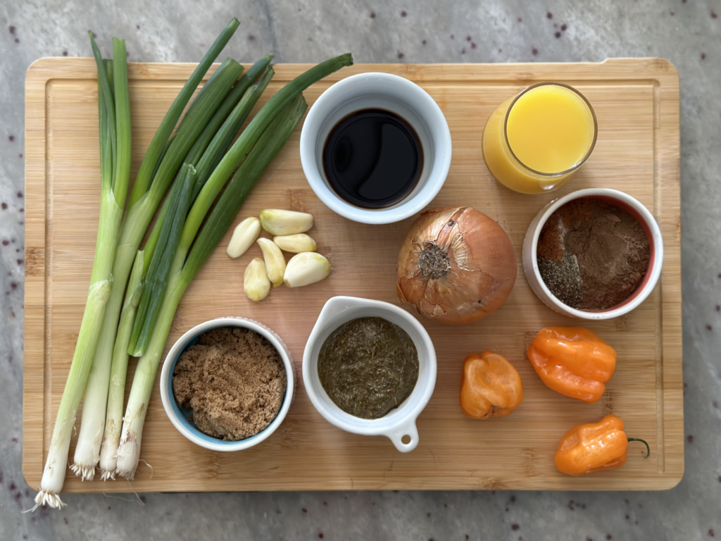 Ingredients needed to make Jamaican Jerk Pork Skewers.